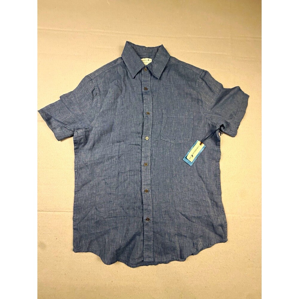 Caribbean Joe Men's Blue Solid Linen Woven Short Sleeve Button-Up Pockets S